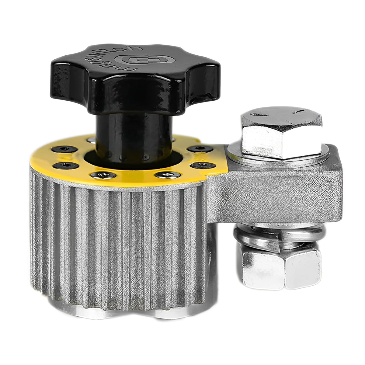 Magswitch 300A magnetic welding ground base clamp on metal surface for fast setup.