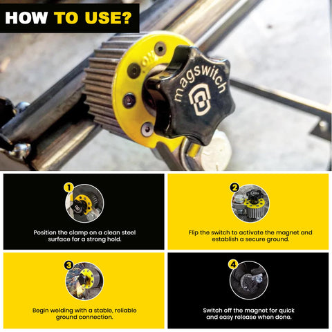 Magswitch grounding-cap setup suitable for TIG, spot, or stick welding workflows.