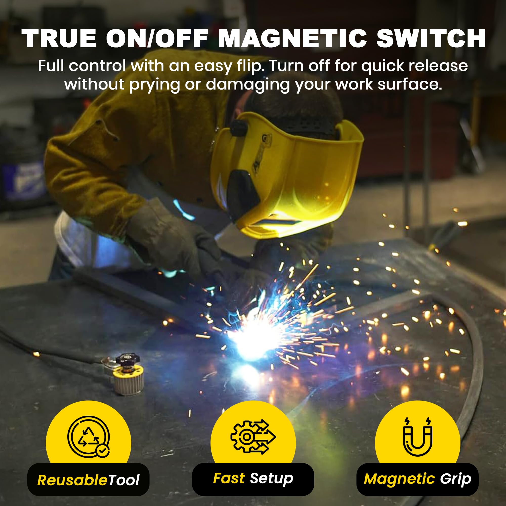 Magswitch heavy-duty magnet provides strong hold during vertical or heavy welds.
