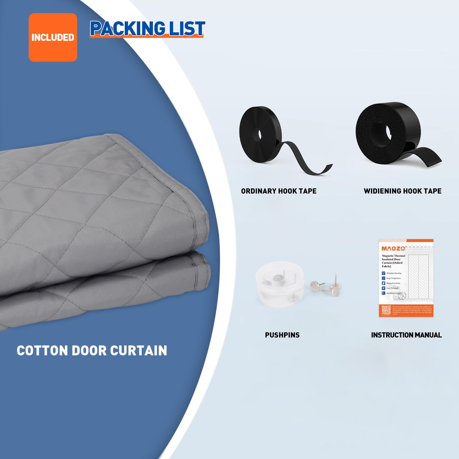 MAGZO packaging includes curtain, hook-and-loop strips, pins and manual