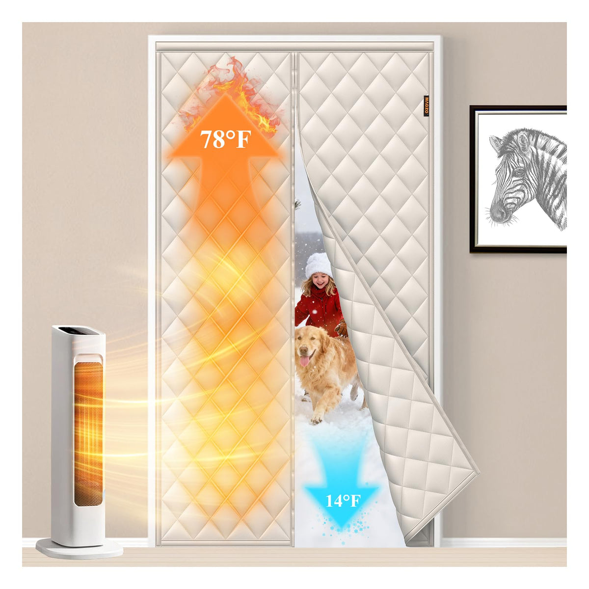 MAGZO quilted door curtain close-up stitching shows durable fabric.