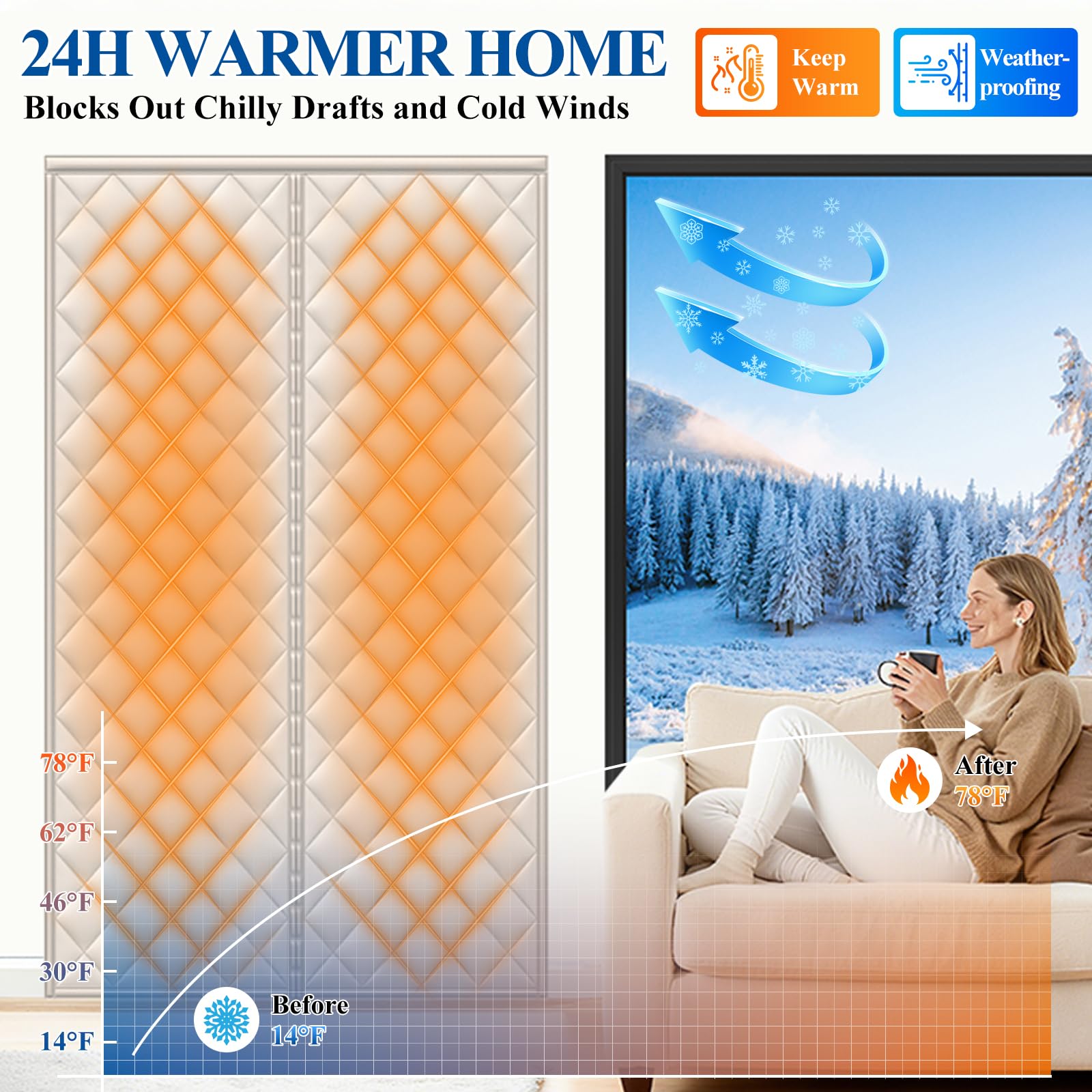MAGZO quilted curtain in winter setup enhances indoor warmth.