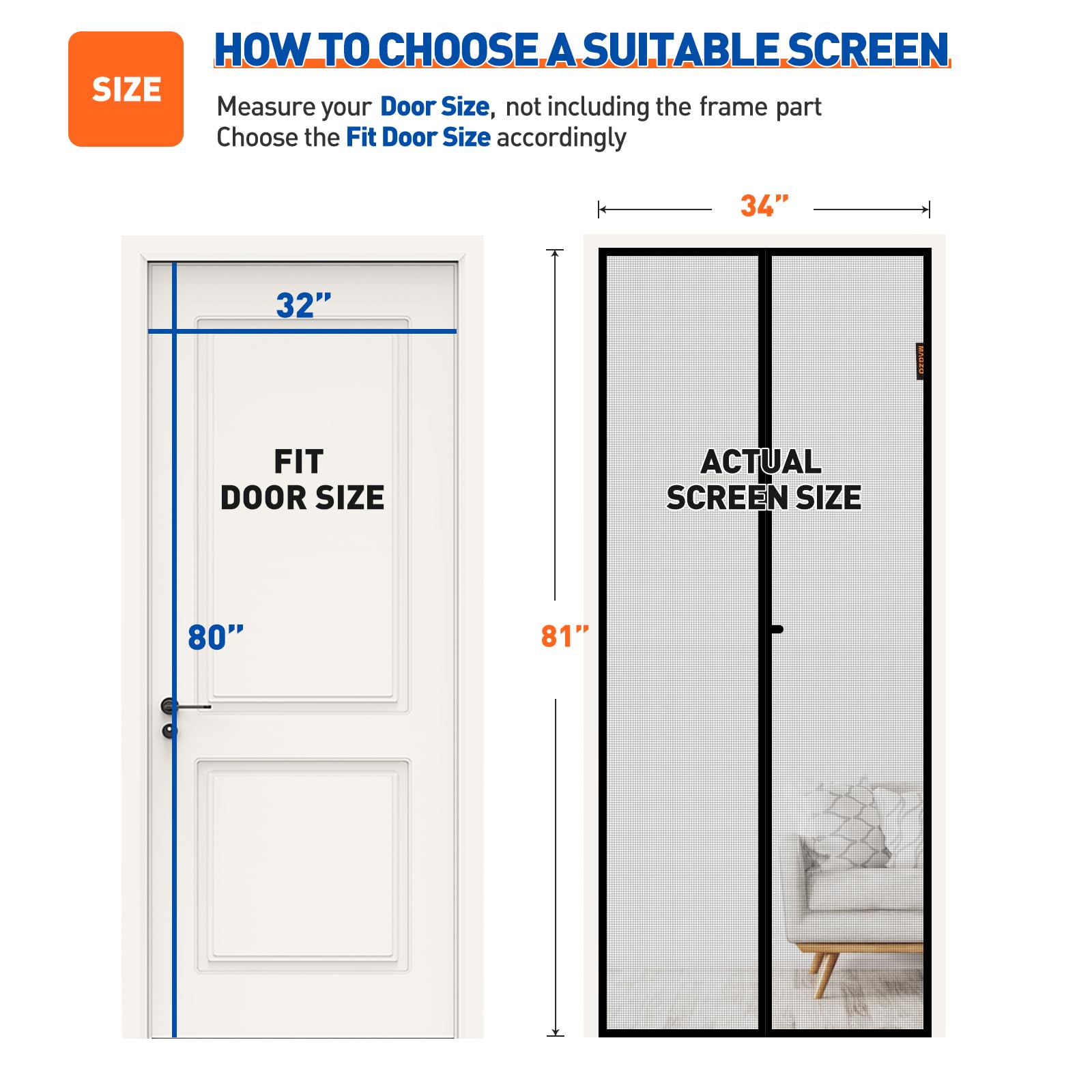 MAGZO screen door shows 34x81 mesh and fits 32x80 doors for seamless access