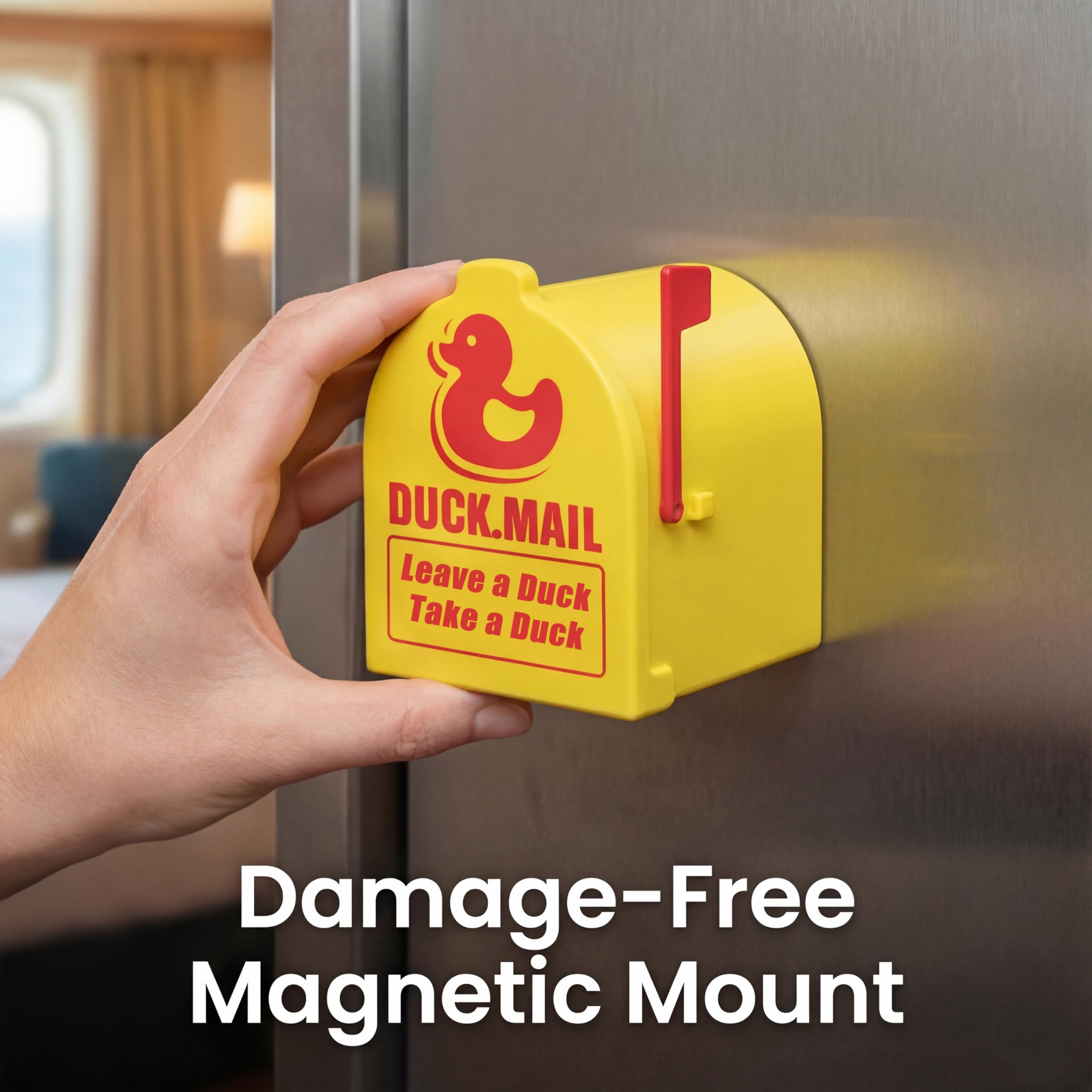 Yellow Maiguinzaa duck mailbox mounted on a door for easy access
