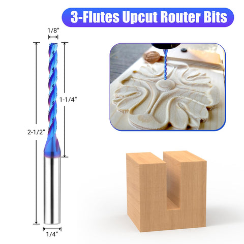MAIHOMETA CNC router bits three-flutes with 1/4 shank for efficient chip evacuation.