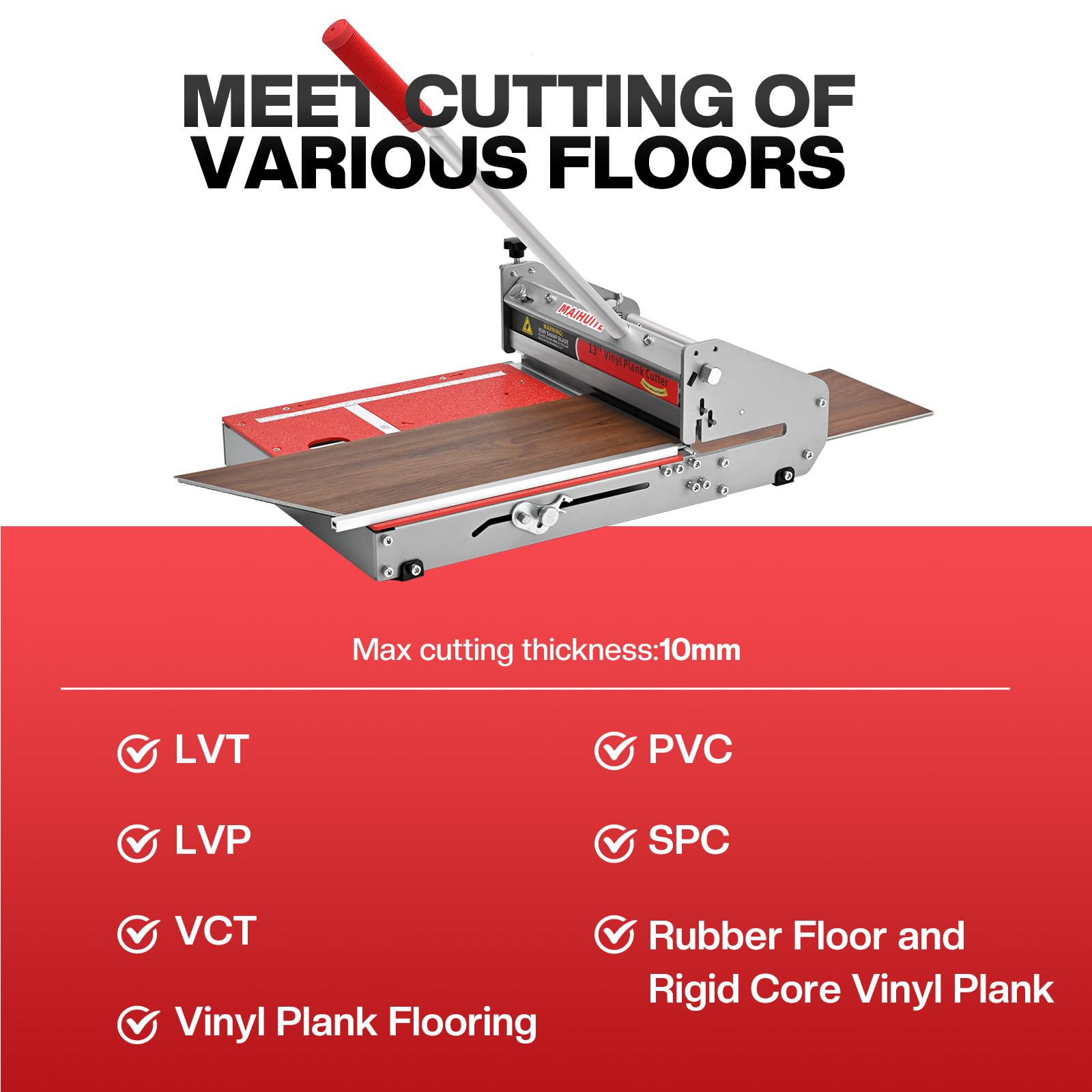 MAIHUITE 13-inch floor cutter delivering straight cuts for vinyl planks.
