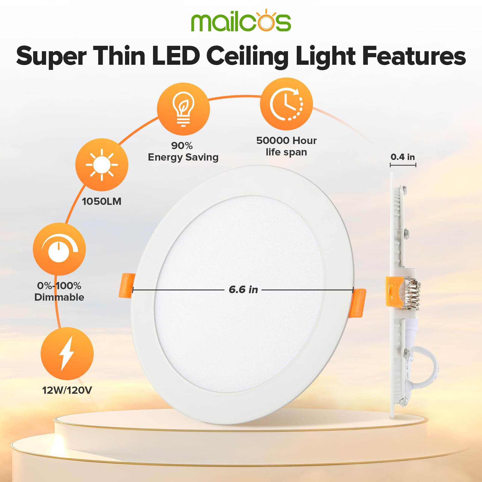 MAILCOS 1050LM, 12W dimmable downlight reduces energy use without sacrificing brightness.