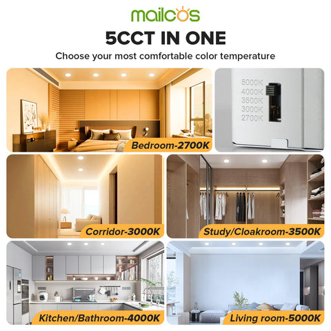 MAILCOS 5CCT switch-controlled color temperature for versatile room ambiance.