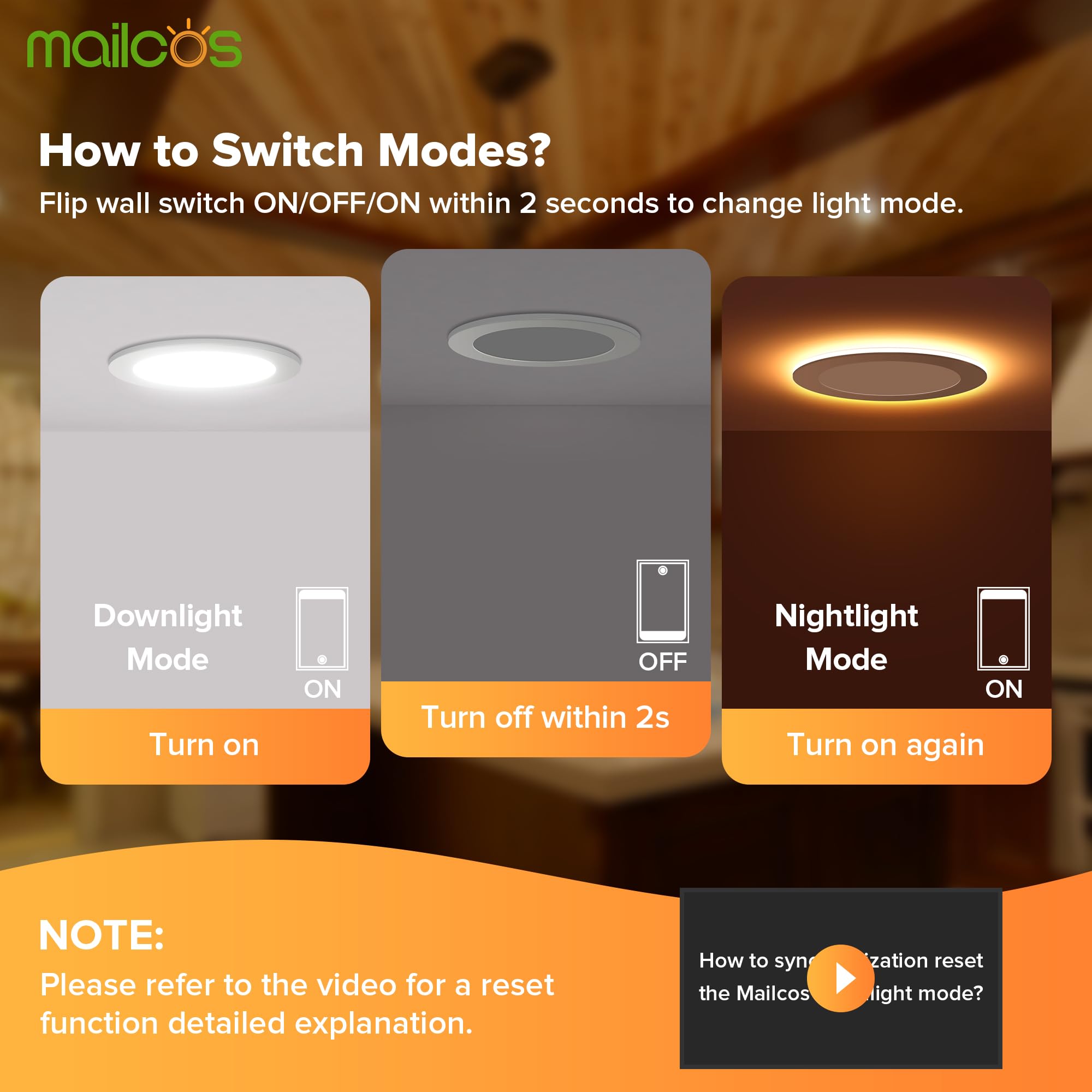 MAILCOS night light mode emits a warm amber glow for cozy evenings.