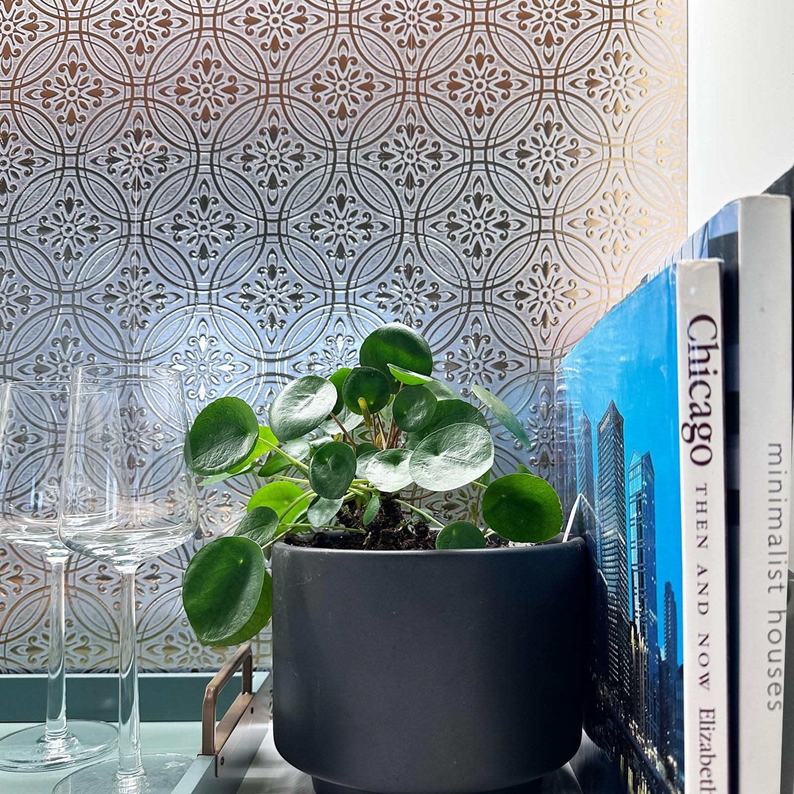 Main Street faux tin style adds metallic shimmer to bedroom.