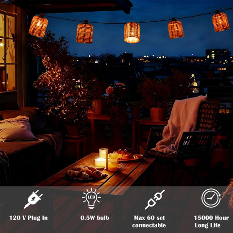 MAINDECO connectable rattan lights allow layered outdoor decor.