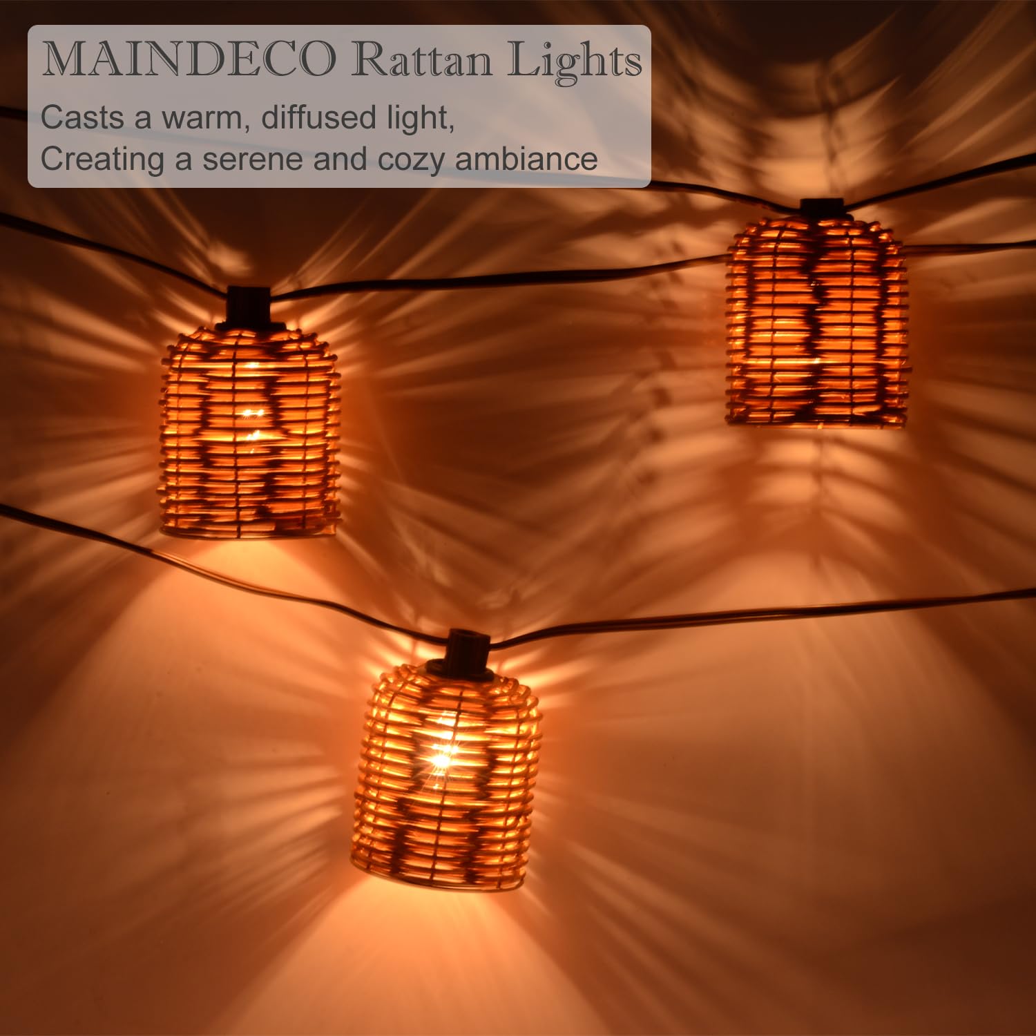 MAINDECO ten rattan lantern shades illuminate with warm, energy-efficient lighting.