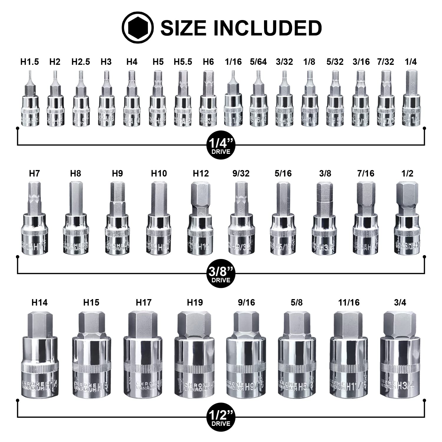 Mainpoint Master hex bit set with 3/8 drive sockets for strong turning power.