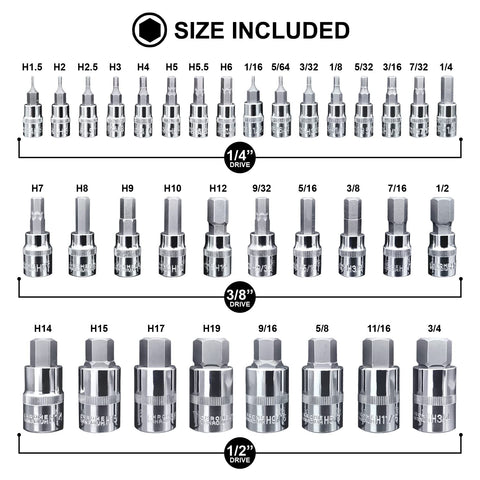 Mainpoint Master hex bit set with 3/8 drive sockets for strong turning power.