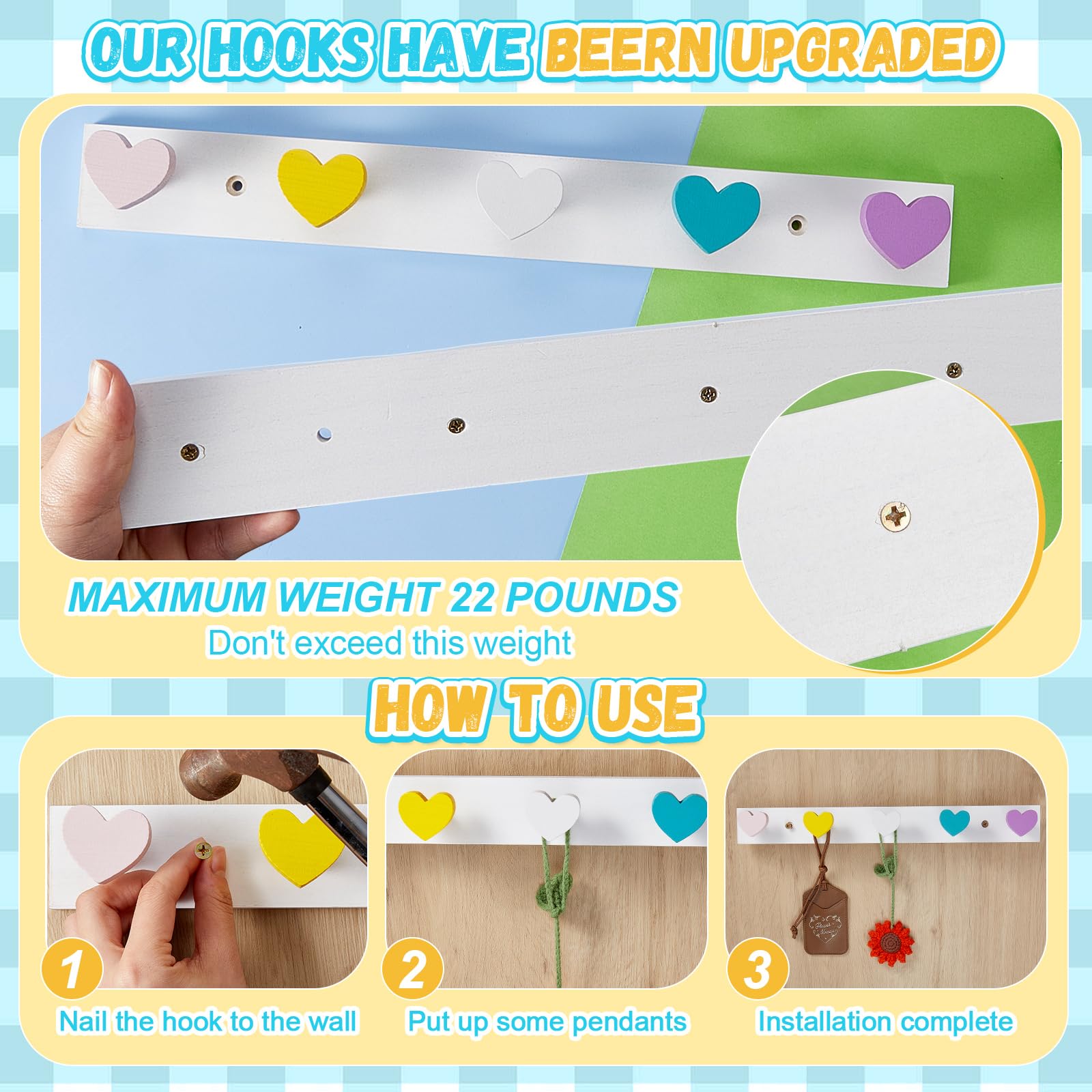 Maitys heart-shaped hooks offer gentle, kid-friendly access for jackets and towels.