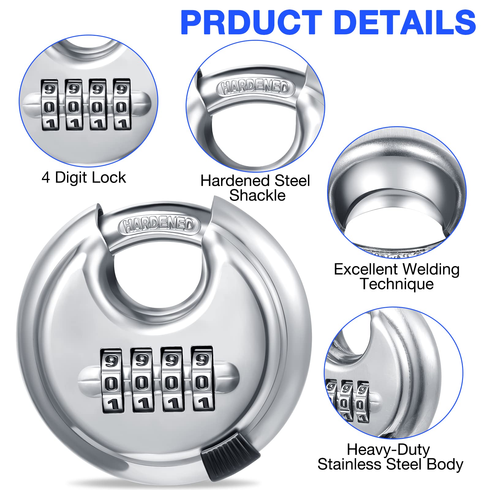 Maitys stainless steel padlock body closeup highlighting durability.