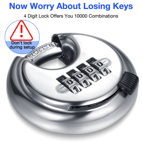 Maitys weatherproof padlock on gate for outdoor use.