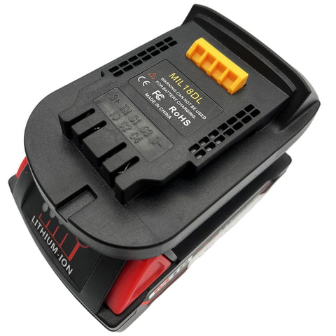 MAKBOS MIL18DL adapter on a Milwaukee tool enabling cross-brand battery use.