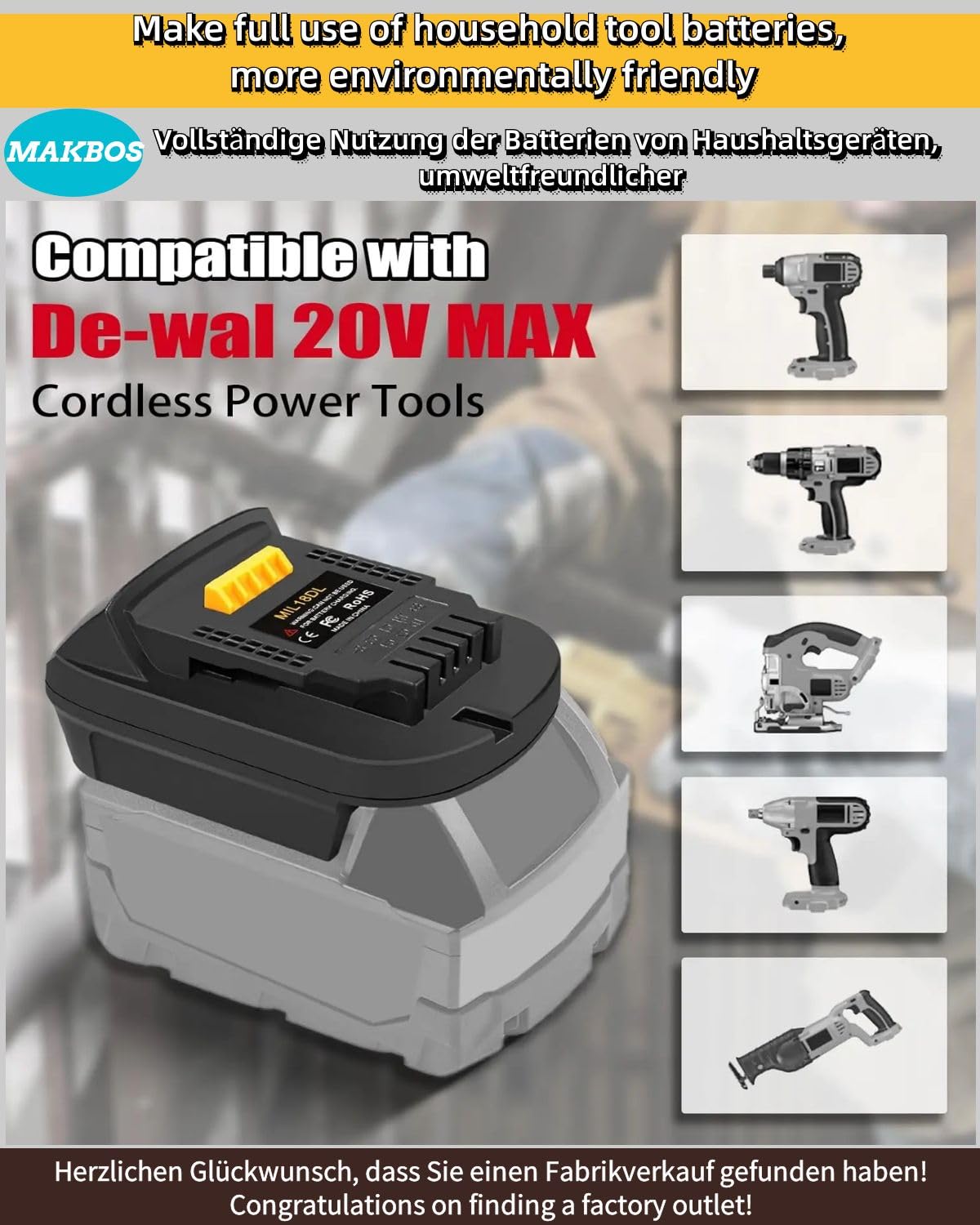 MAKBOS MIL18DL supports Milwaukee M18 and DeWalt 20V batteries for versatile tool sharing.
