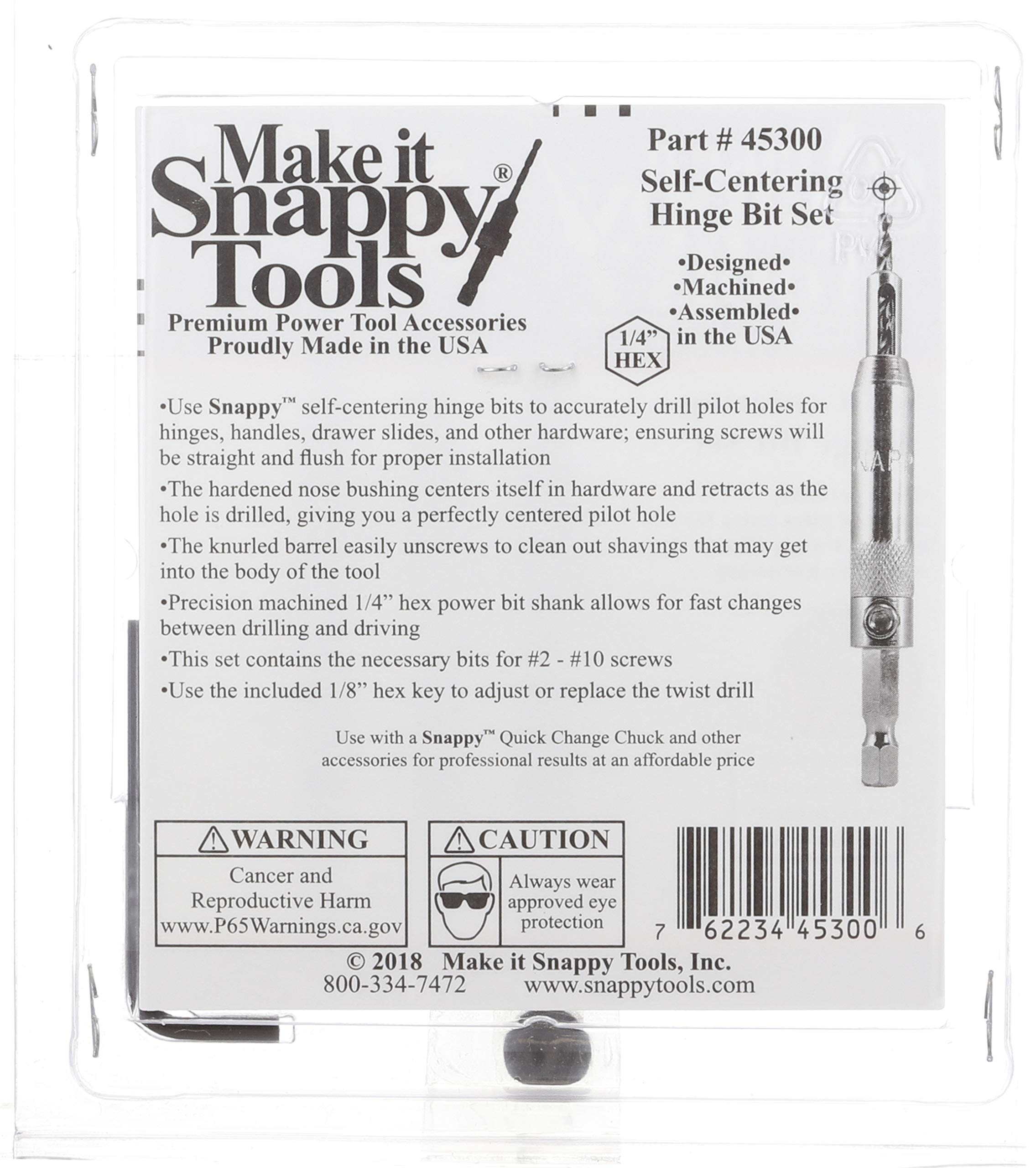 Make it Snappy 9-64 self-centering hinge bit for clean alignment.