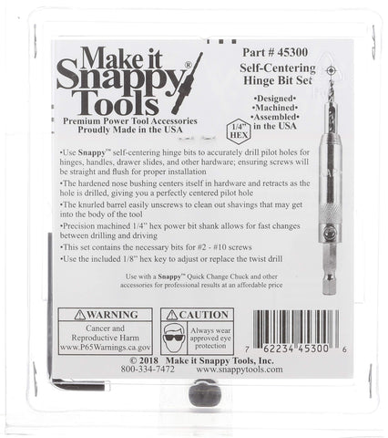 Make it Snappy 9-64 self-centering hinge bit for clean alignment.