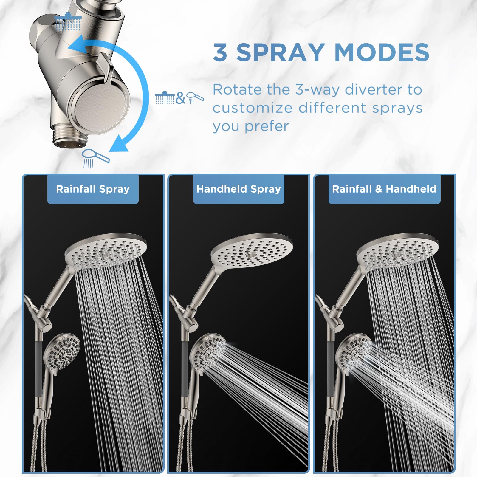 Adjustable brass bar keeps shower heads stable at ideal angles.
