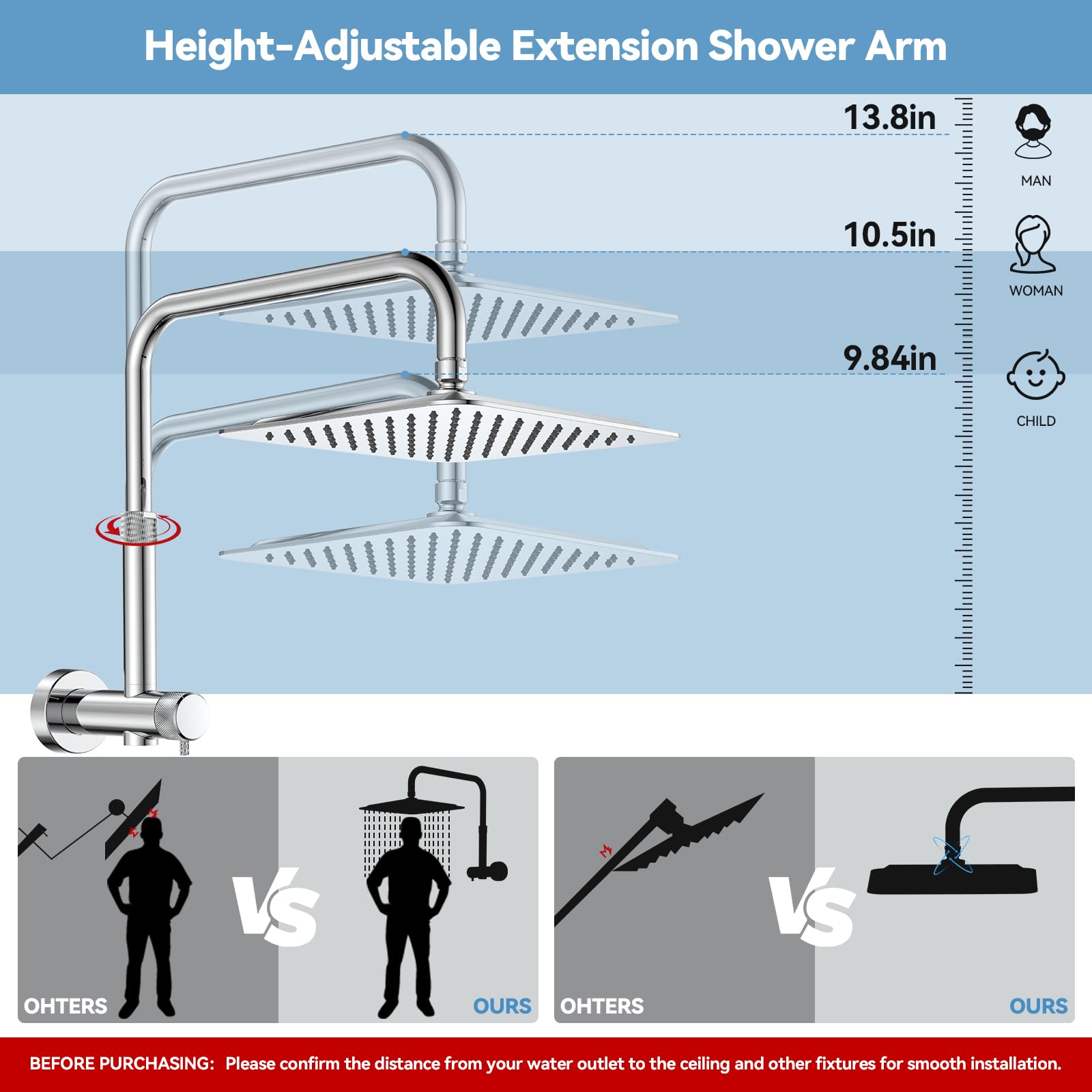 MakeFit shower extension arm in brass and stainless for stable height adjustment.
