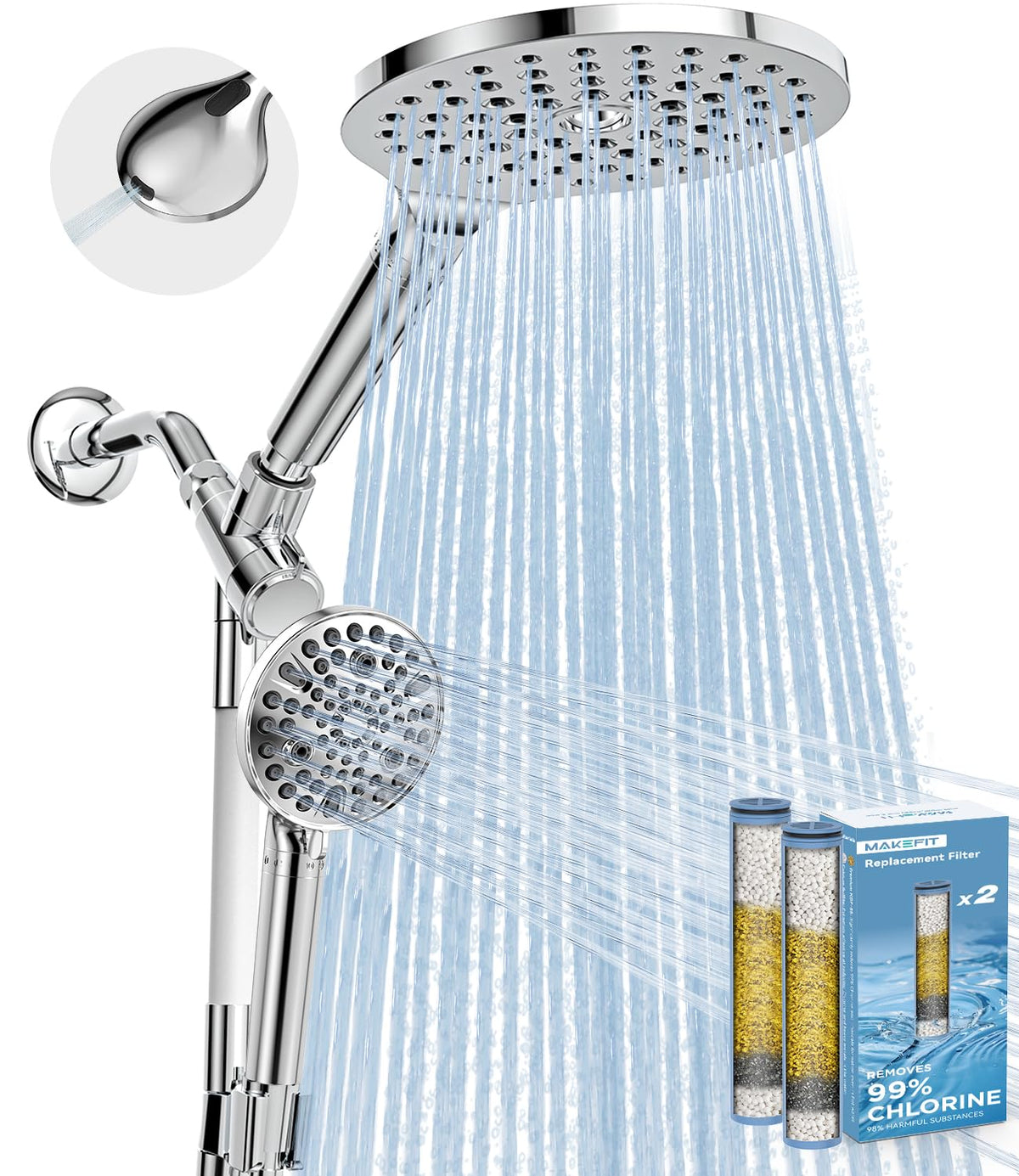 MakeFit dual-filtered handheld shower head delivers purified water for softer skin.
