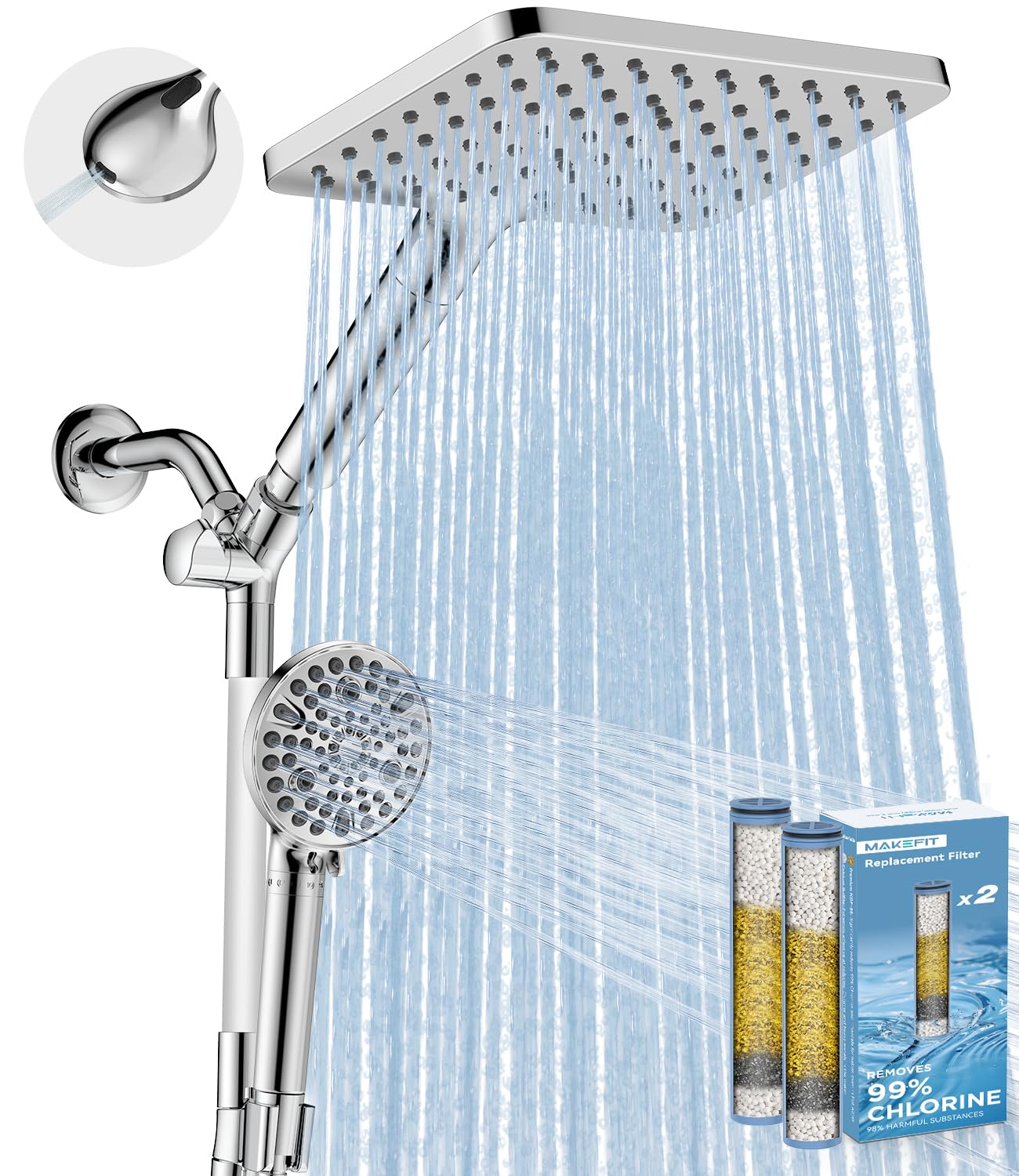 MakeFit dual filtered rain shower head, angled view showing broad coverage