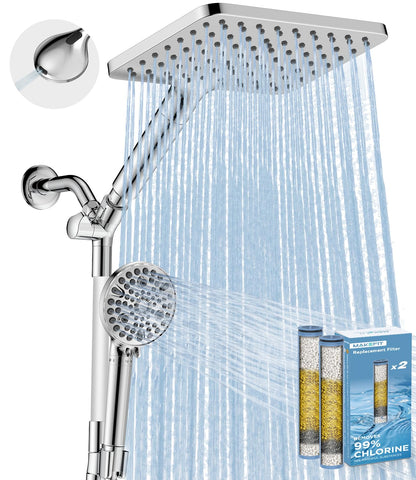 MakeFit dual filtered rain shower head, angled view showing broad coverage