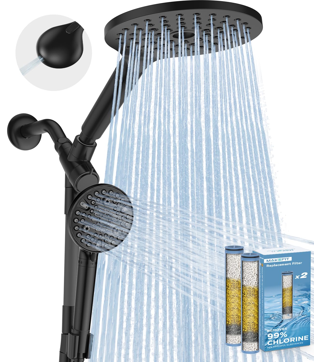 MakeFit dual-filtered rain shower head delivers full-body coverage for a refreshing shower.