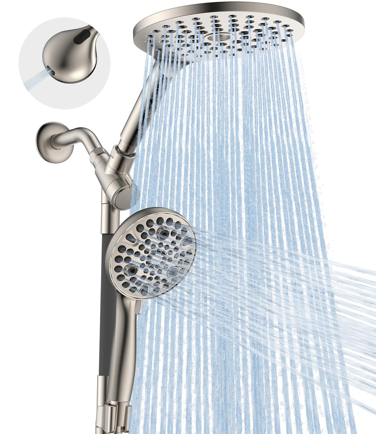MakeFit dual shower head combo with rain head and handheld spray for flexible bathing.