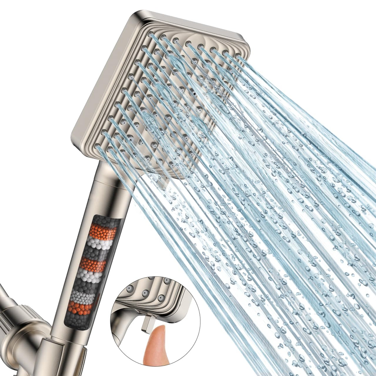 MakeFit filtered shower head in brushed nickel with six modes for customizable showers.