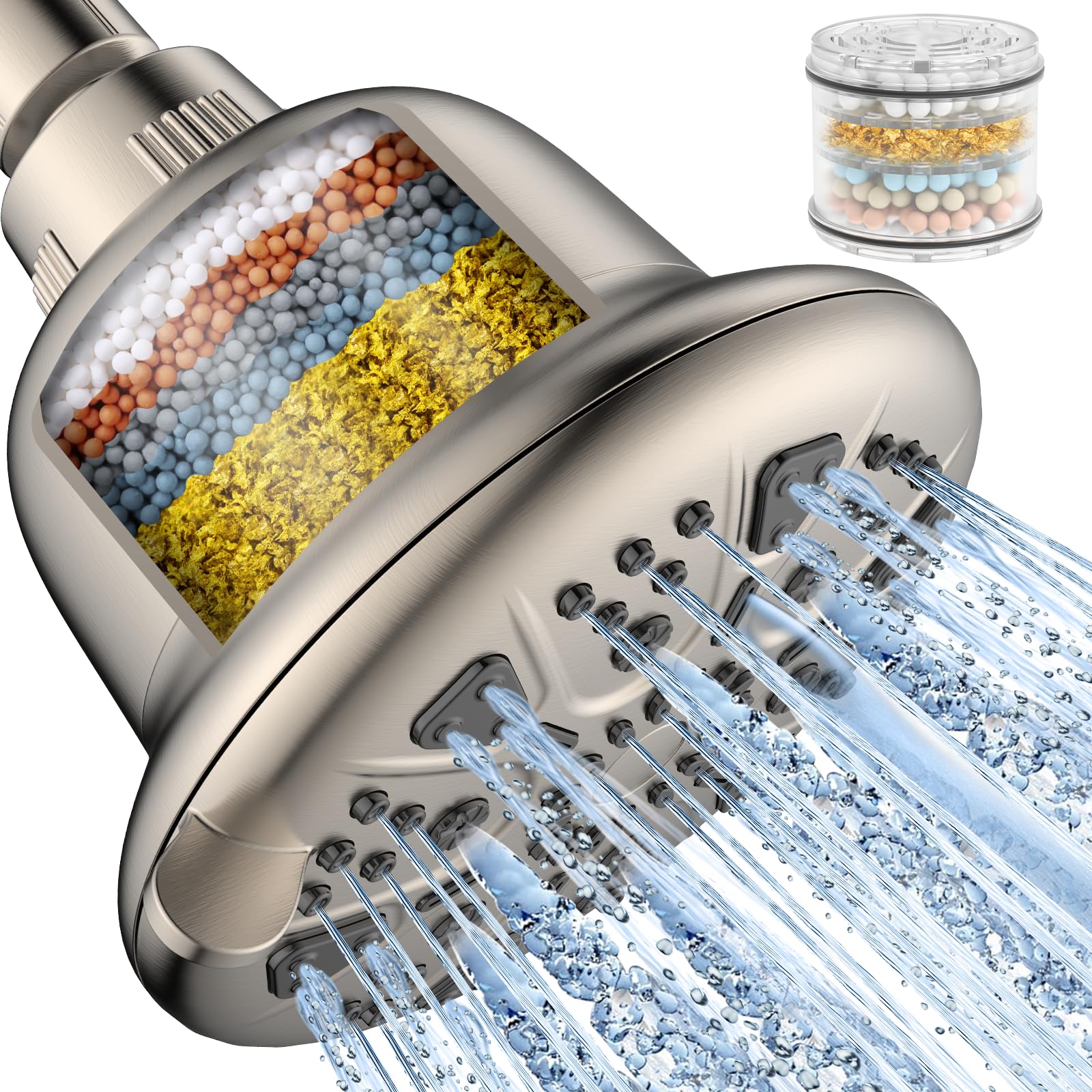 MakeFit filtered shower head in brushed nickel front view with sleek finish and modern design