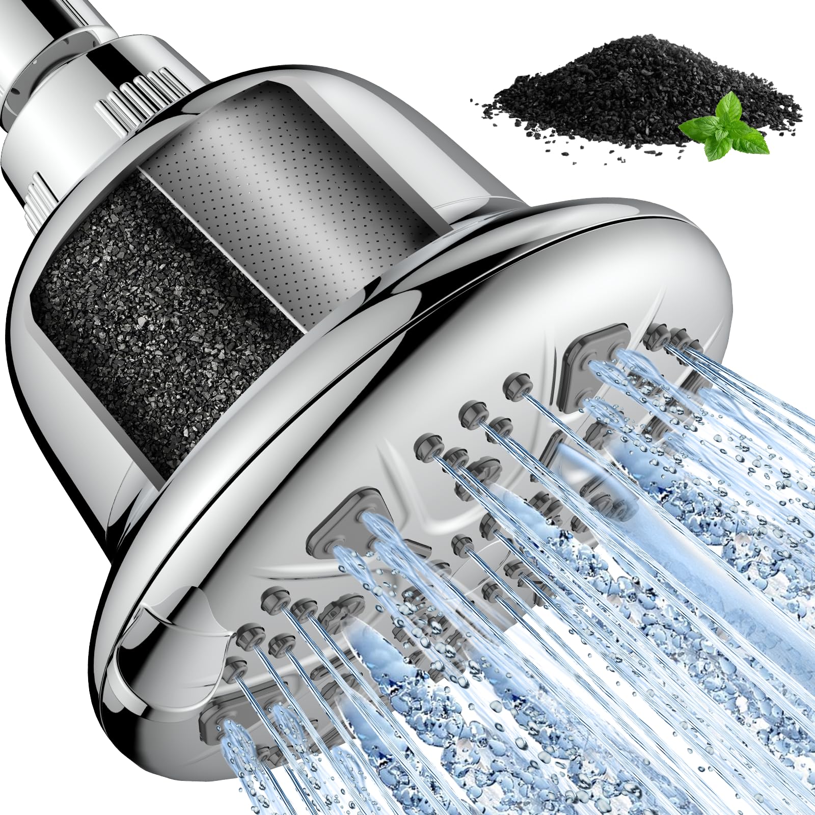 MakeFit filtered shower head with chrome finish shows 7 spray settings for versatile showers.