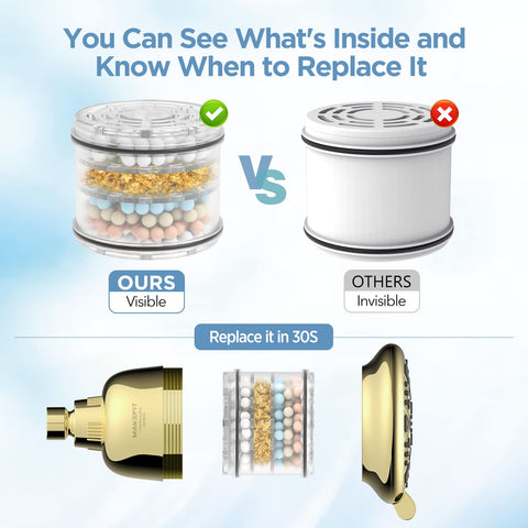 MakeFit shower head gold filter cartridge visible window for status.