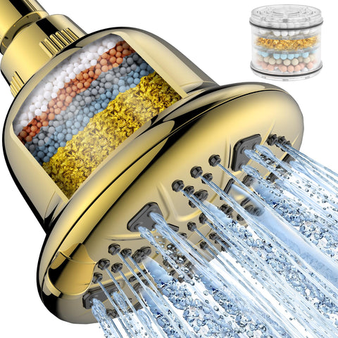 MakeFit filtered shower head gold main view shows luxury finish and clean water.