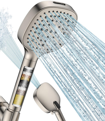 MakeFit filtered handheld shower head close-up shows ergonomic grip for gentle cleansing