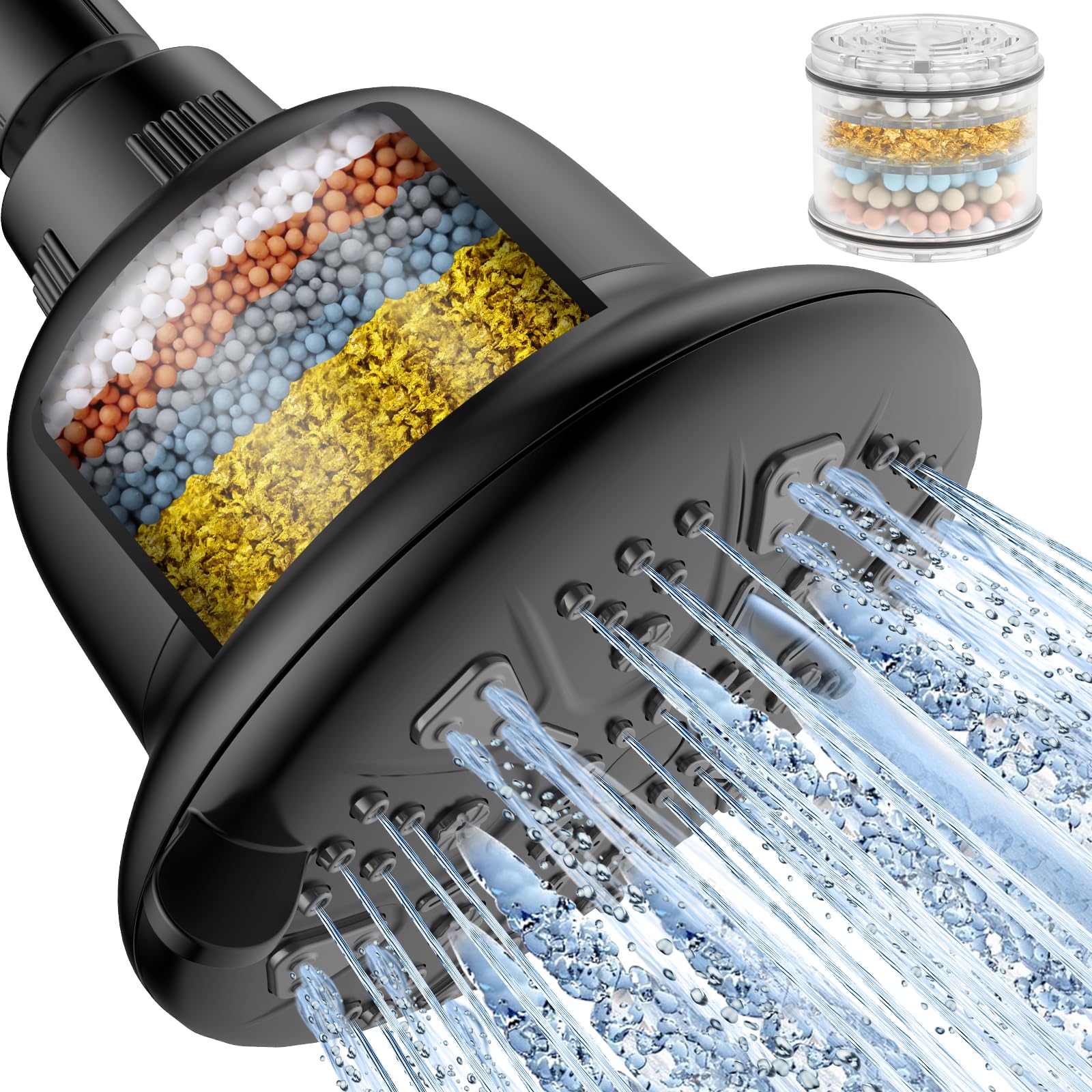 MakeFit filtered shower head in matte black front view with a refreshing rain-like flow