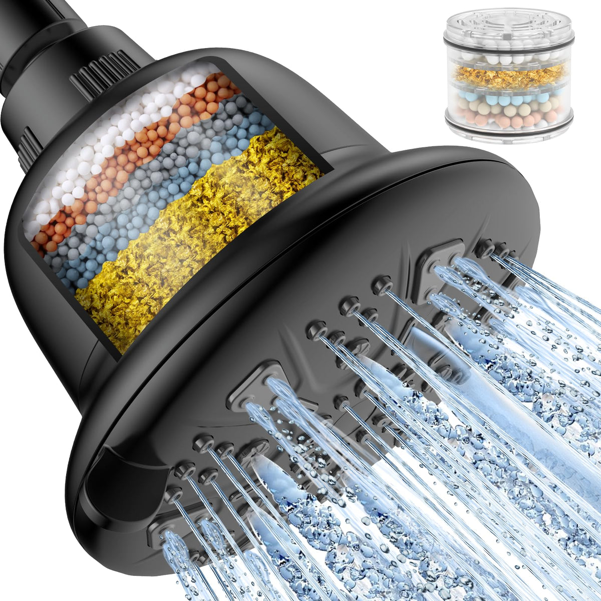 MakeFit filtered shower head in matte black front view with a refreshing rain-like flow
