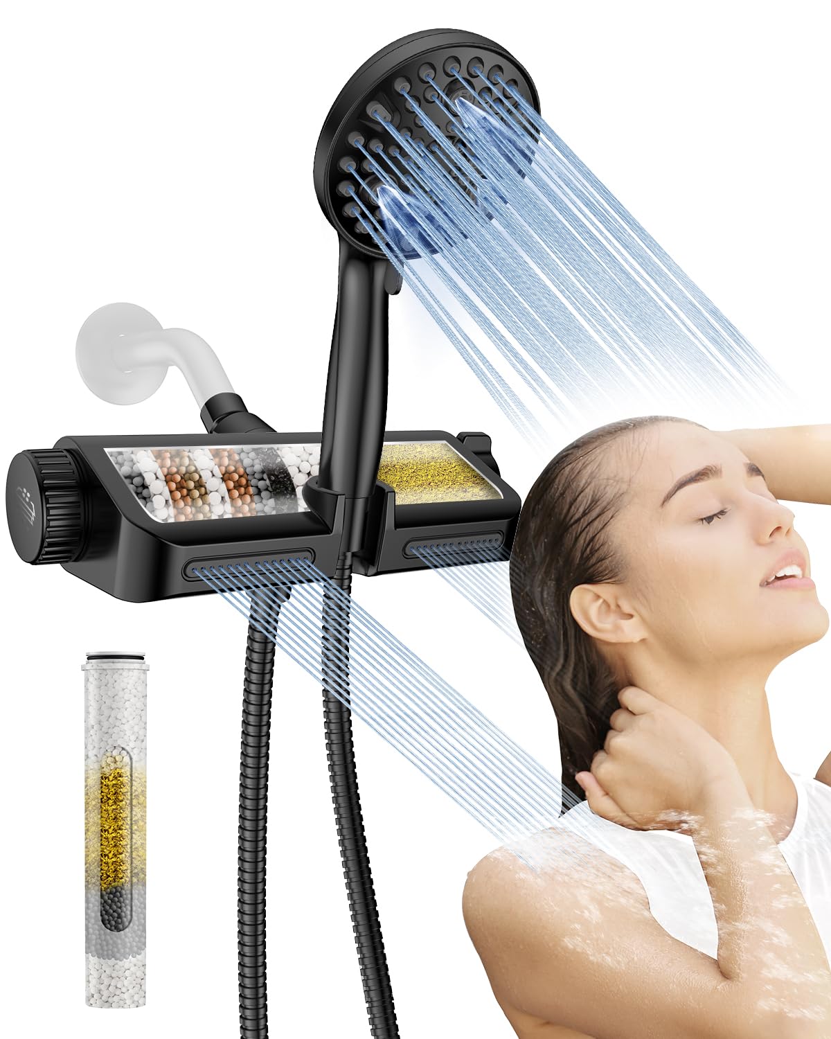 MakeFit filtered shower head matte black front view for a spa-like upgrade.