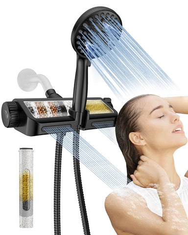 MakeFit filtered shower head matte black front view for a spa-like upgrade.