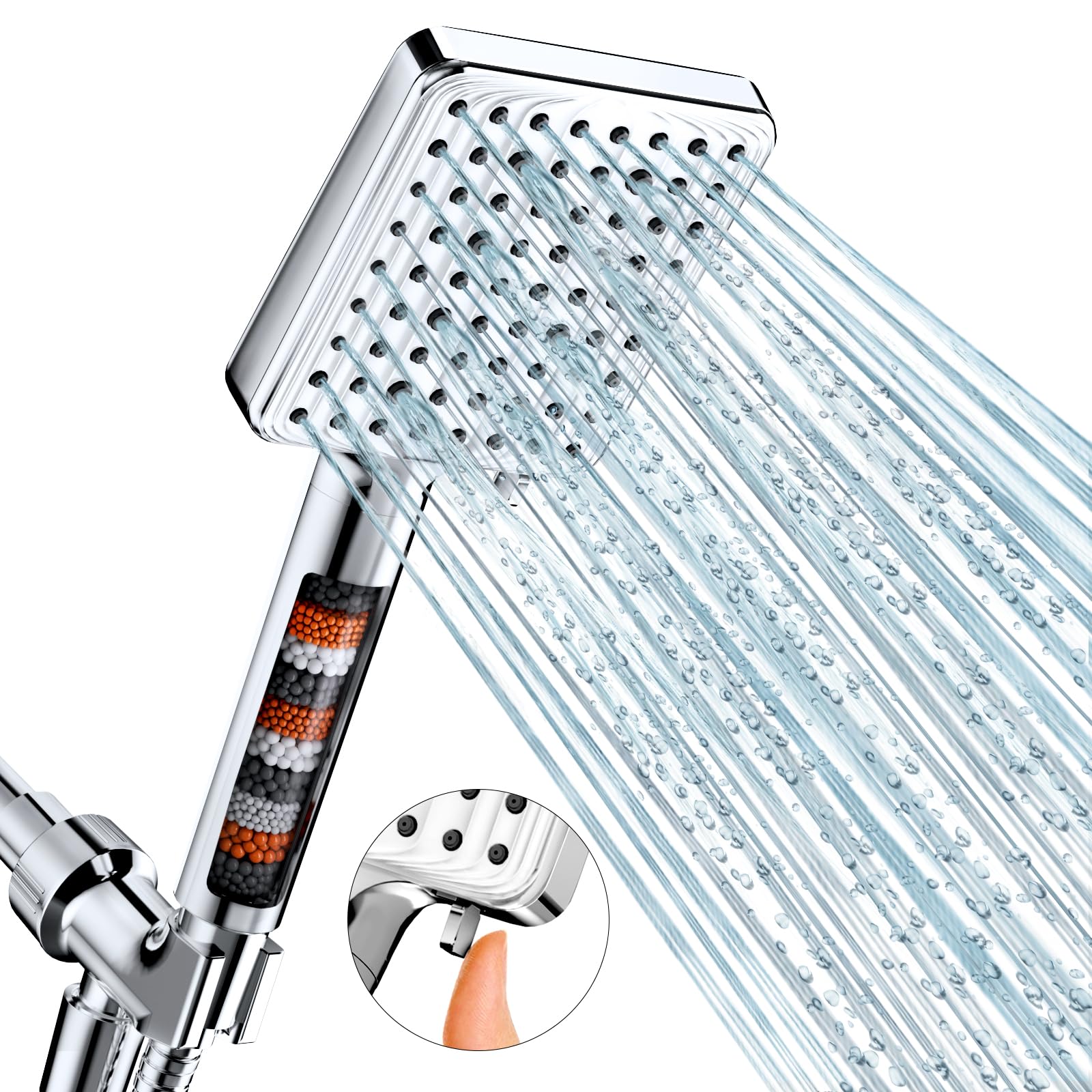 MakeFit filtered shower head with mineral beads delivering cleaner water for skin and hair