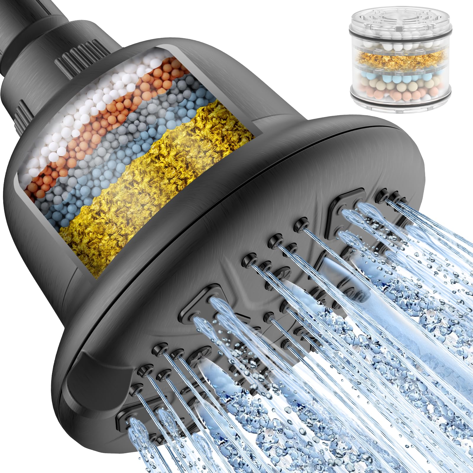 MakeFit filtered shower head water-flow close-up with visible cartridge for easy maintenance.