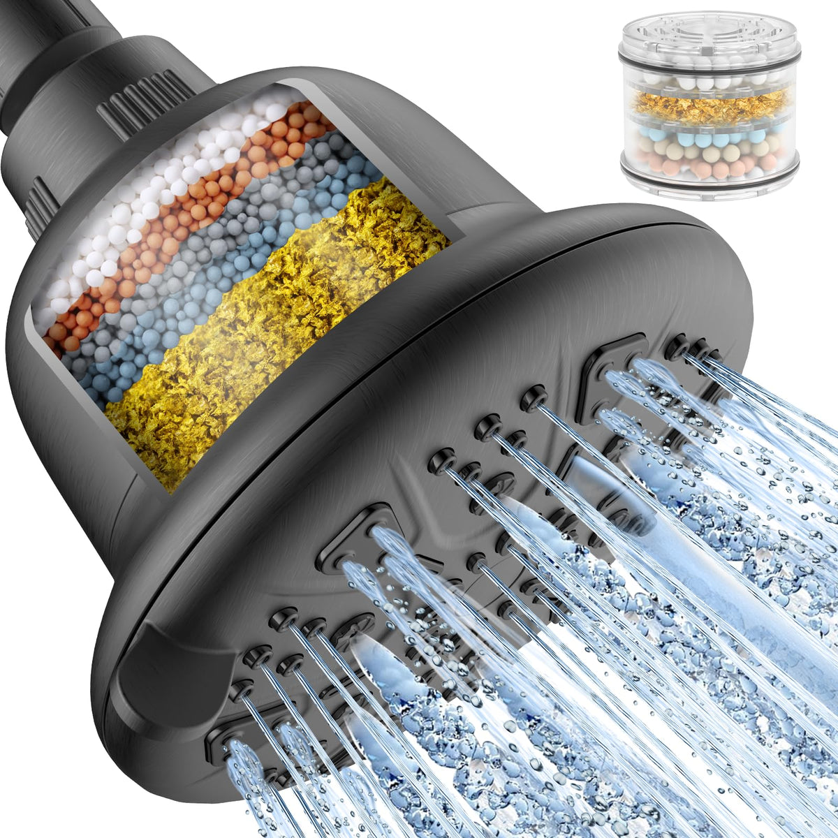MakeFit filtered shower head water-flow close-up with visible cartridge for easy maintenance.