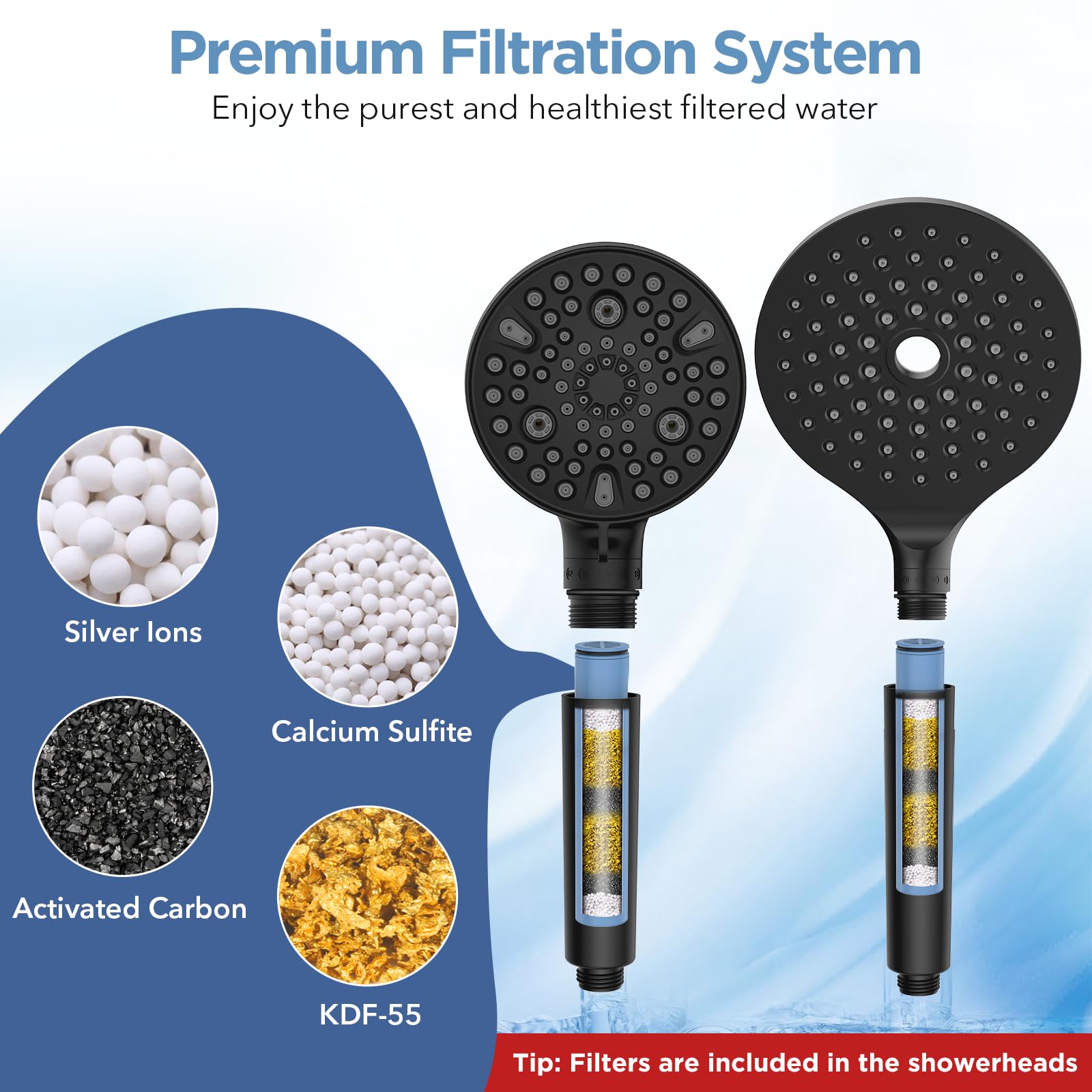 MakeFit filtration system reduces chlorine and impurities for cleaner water.