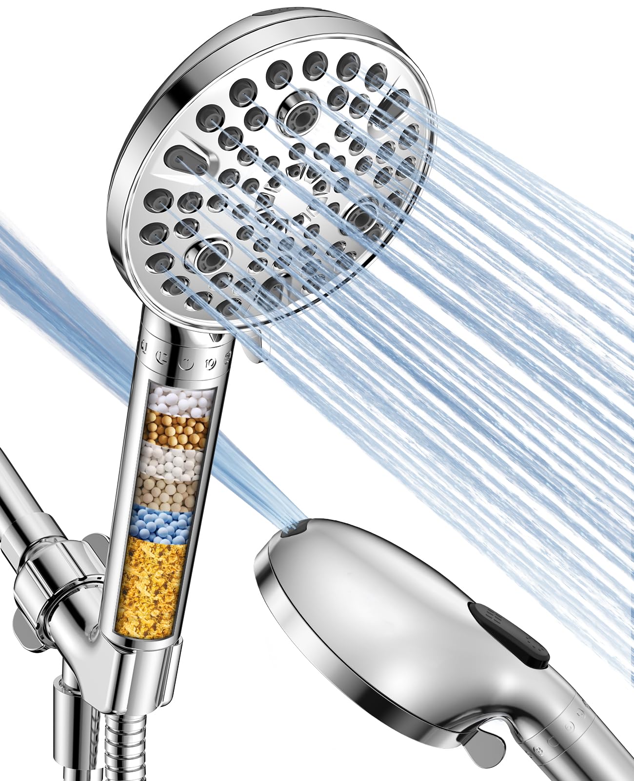 MakeFit handheld shower head with filter reduces chlorine for refreshed skin and hair.