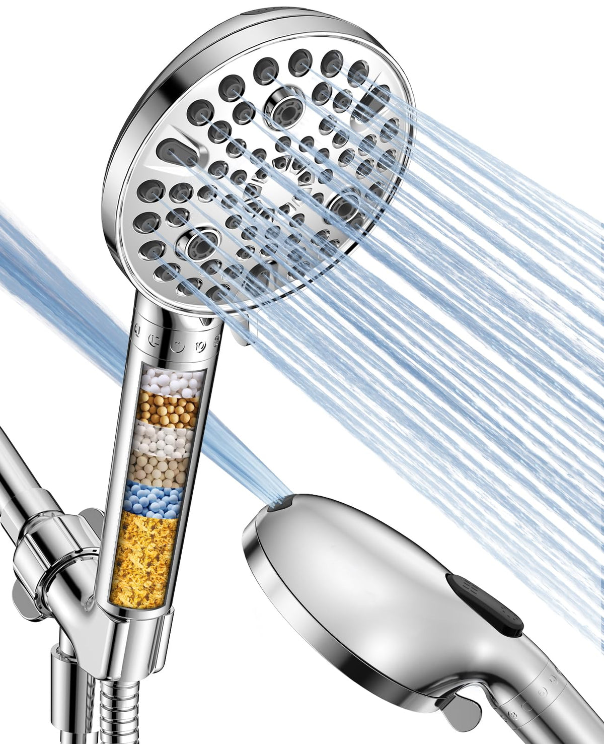 MakeFit handheld shower head with filter reduces chlorine for refreshed skin and hair.