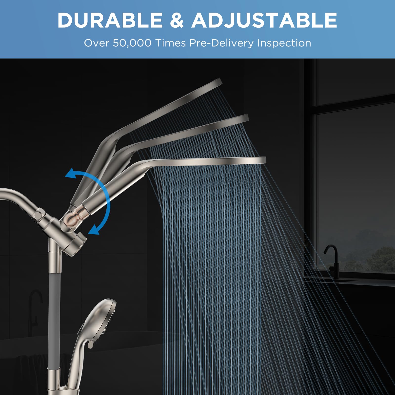 MakeFit 8-inch rainfall head delivers wide, immersive coverage.