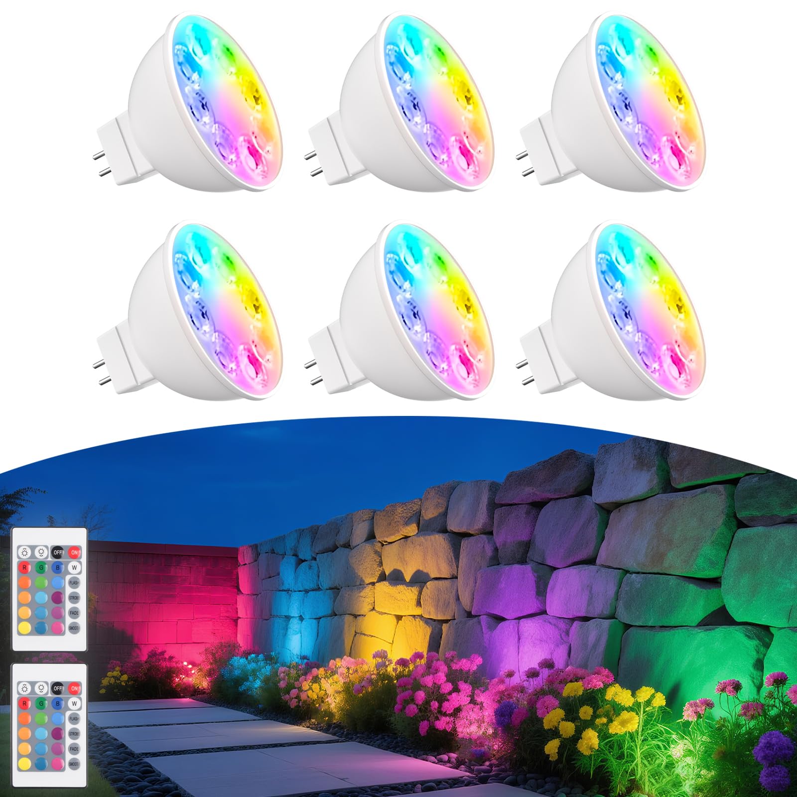 Makergroup MR16 color-changing bulbs pack close-up shows vivid color options for outdoor lighting.